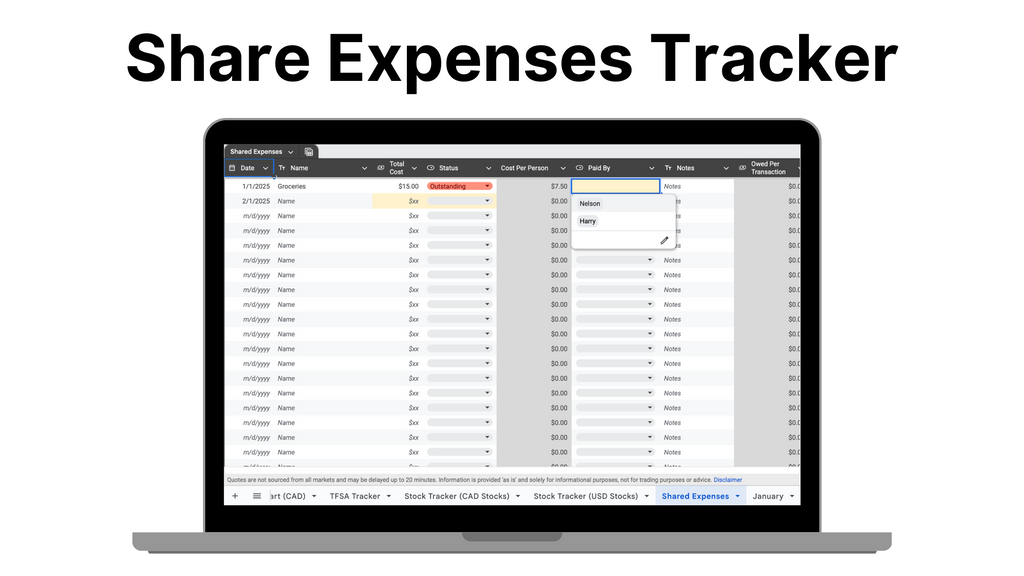 🇨🇦 - All In One 2026 Finance Tracker (Net Worth, TFSA, Stocks, Shared Expenses, and Budget Template)